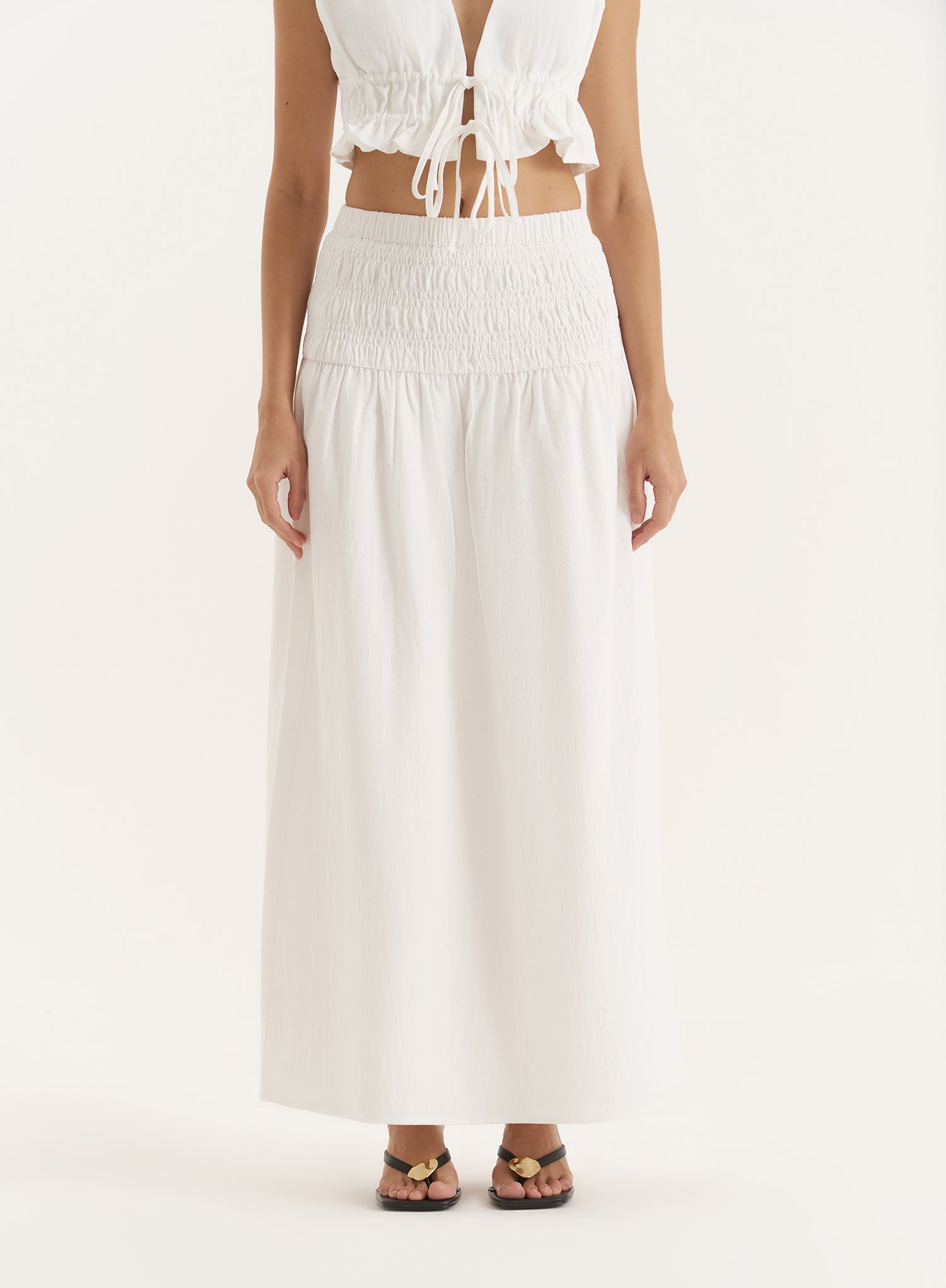 White Drop Waist Shirred Maxi Skirt